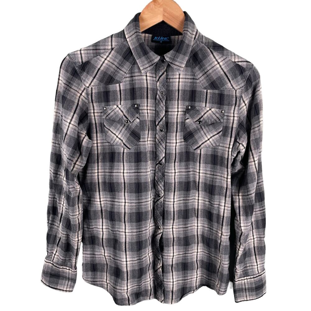 Kuhl Plaid Button Down Shirt‎ Womens Medium Grey Western Snap Long Sleeves